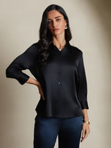 [Black] SilkSilky-UK 19Momme Stretch Silk Charmeuse 3/4 Sleeve Lapel Collar Women's Shirt 004