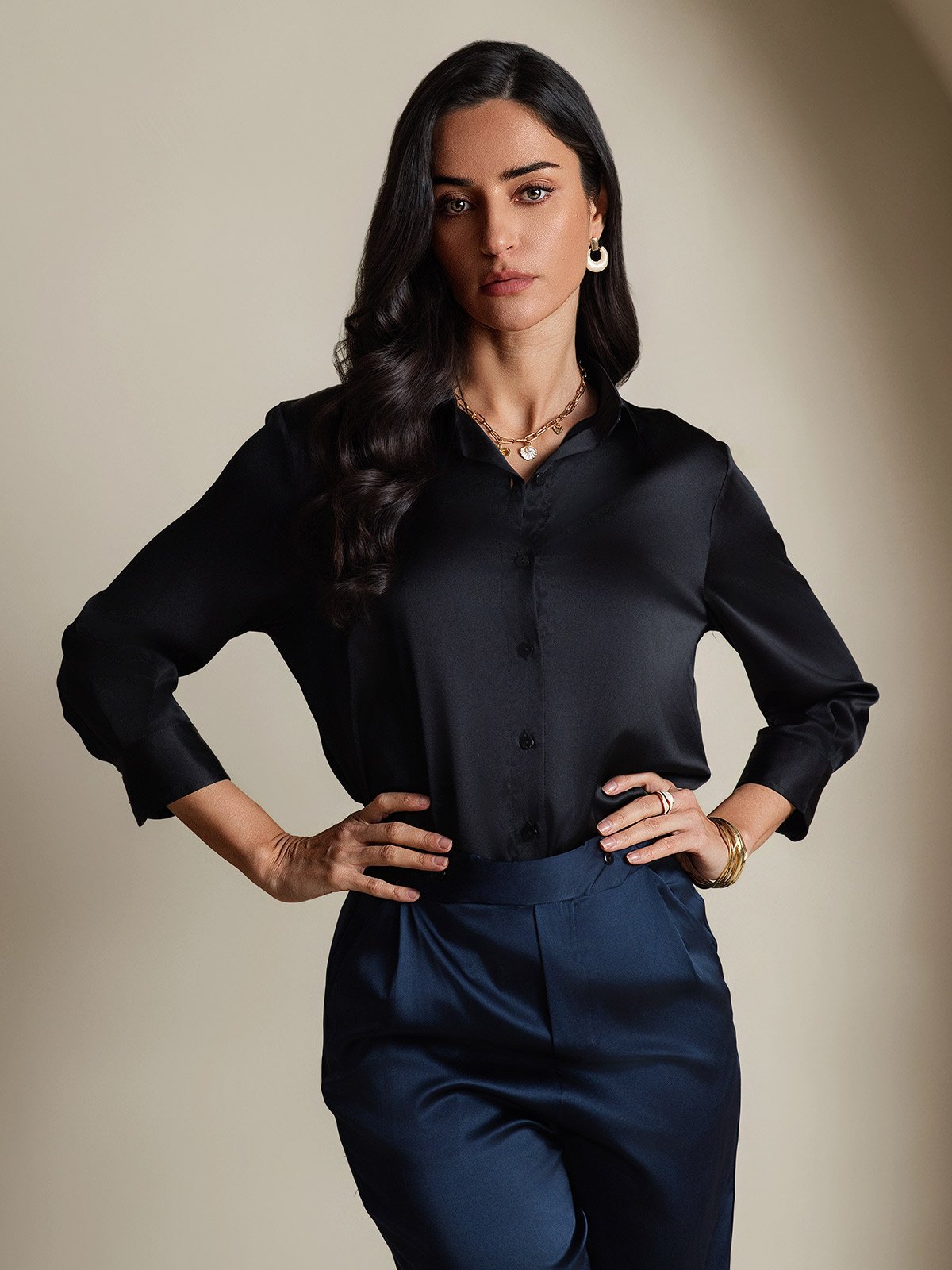 [Black] SilkSilky-UK 19Momme Silk 3/4 Sleeve Lapel Collar Women's Shirt 005