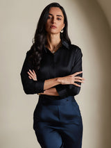 [Black] SilkSilky-UK 19Momme Stretch Silk Charmeuse 3/4 Sleeve Lapel Collar Women's Shirt 006