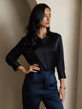 [Black] SilkSilky-UK 19Momme Stretch Silk Charmeuse 3/4 Sleeve Lapel Collar Women's Shirt 007