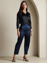 [Black] SilkSilky-UK 19Momme Stretch Silk Charmeuse 3/4 Sleeve Lapel Collar Women's Shirt 008