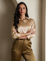 [Champagne] SilkSilky-UK 19Momme Stretch Silk Charmeuse 3/4 Sleeve Lapel Collar Women's Shirt 001