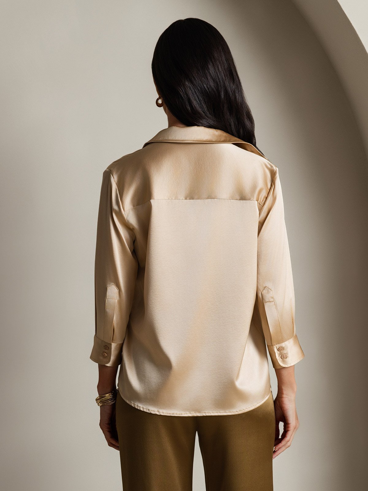 [Champagne] SilkSilky-UK 19Momme Silk Lapel Collar Women's Shirt 002