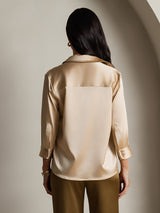 [Champagne] SilkSilky-UK 19Momme Stretch Silk Charmeuse 3/4 Sleeve Lapel Collar Women's Shirt 002