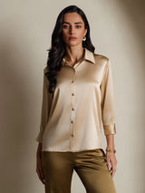 [Champagne] SilkSilky-UK 19Momme Stretch Silk Charmeuse 3/4 Sleeve Lapel Collar Women's Shirt 003