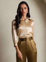 [Champagne] SilkSilky-UK 19Momme Stretch Silk Charmeuse 3/4 Sleeve Lapel Collar Women's Shirt 004