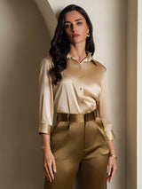 [Champagne] SilkSilky-UK 19Momme Stretch Silk Charmeuse 3/4 Sleeve Lapel Collar Women's Shirt 005