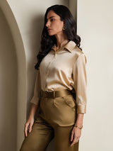 [Champagne] SilkSilky-UK 19Momme Stretch Silk Charmeuse 3/4 Sleeve Lapel Collar Women's Shirt 006
