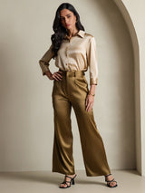 [Champagne] SilkSilky-UK 19Momme Stretch Silk Charmeuse 3/4 Sleeve Lapel Collar Women's Shirt 007
