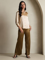 [Champagne] SilkSilky-UK 19Momme Stretch Silk Charmeuse 3/4 Sleeve Lapel Collar Women's Shirt 008