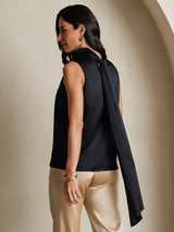 [Black] SilkSilky-UK 19Momme Stretch Silk Charmeuse Sleeveless Tie Neck Blouse 002