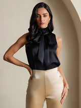 [Black] SilkSilky-UK 19Momme Stretch Silk Charmeuse Sleeveless Tie Neck Blouse 003