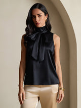 [Black] SilkSilky-UK 19Momme Stretch Silk Charmeuse Sleeveless Tie Neck Blouse 005