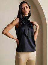 [Black] SilkSilky-UK 19Momme Stretch Silk Charmeuse Sleeveless Tie Neck Blouse 007