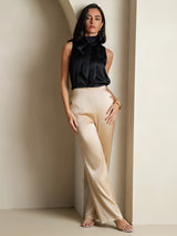 [Black] SilkSilky-UK 19Momme Stretch Silk Charmeuse Sleeveless Tie Neck Blouse 008