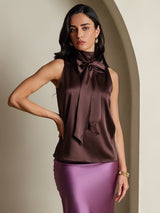 [Coffee] SilkSilky-UK 19Momme Stretch Silk Charmeuse Sleeveless Tie Neck Blouse 001