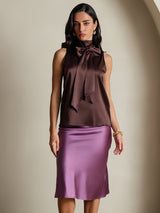 [Coffee] SilkSilky-UK 19Momme Stretch Silk Charmeuse Sleeveless Tie Neck Blouse 004
