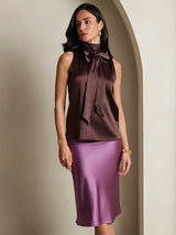 [Coffee] SilkSilky-UK 19Momme Stretch Silk Charmeuse Sleeveless Tie Neck Blouse 005