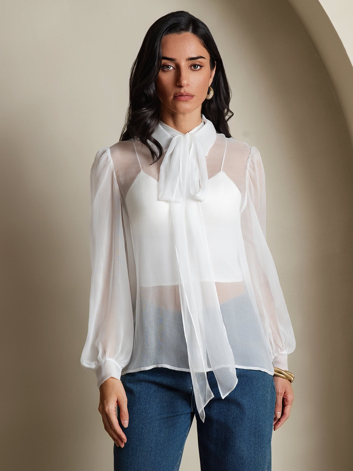 [White] SilkSilky-UK 6Momme Silk Chiffon Long Sleeve Tie Neck Women's Shirt 001