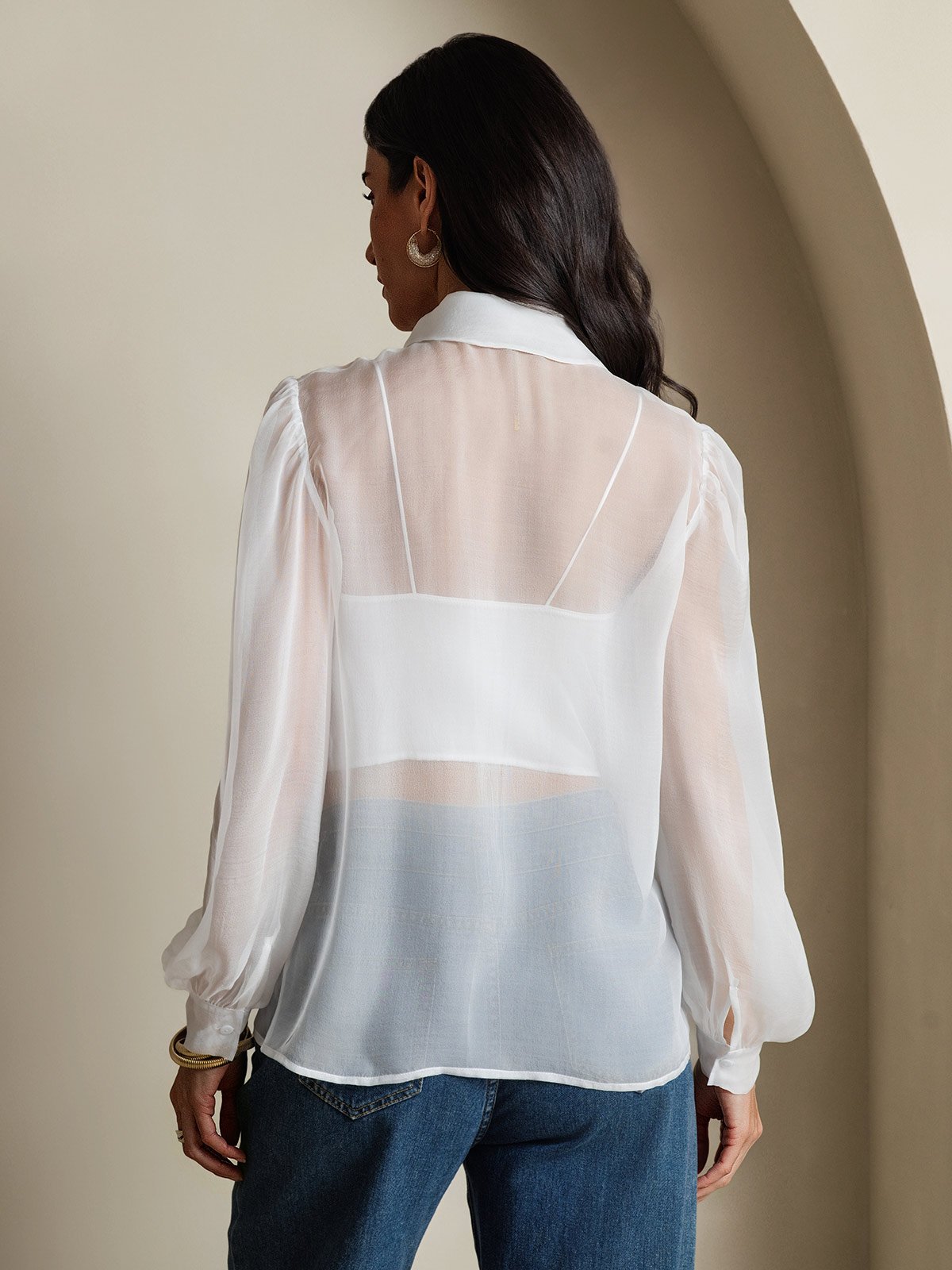 [White] SilkSilky-UK 6Momme Silk Chiffon Long Sleeve Tie Neck Women's Shirt 002