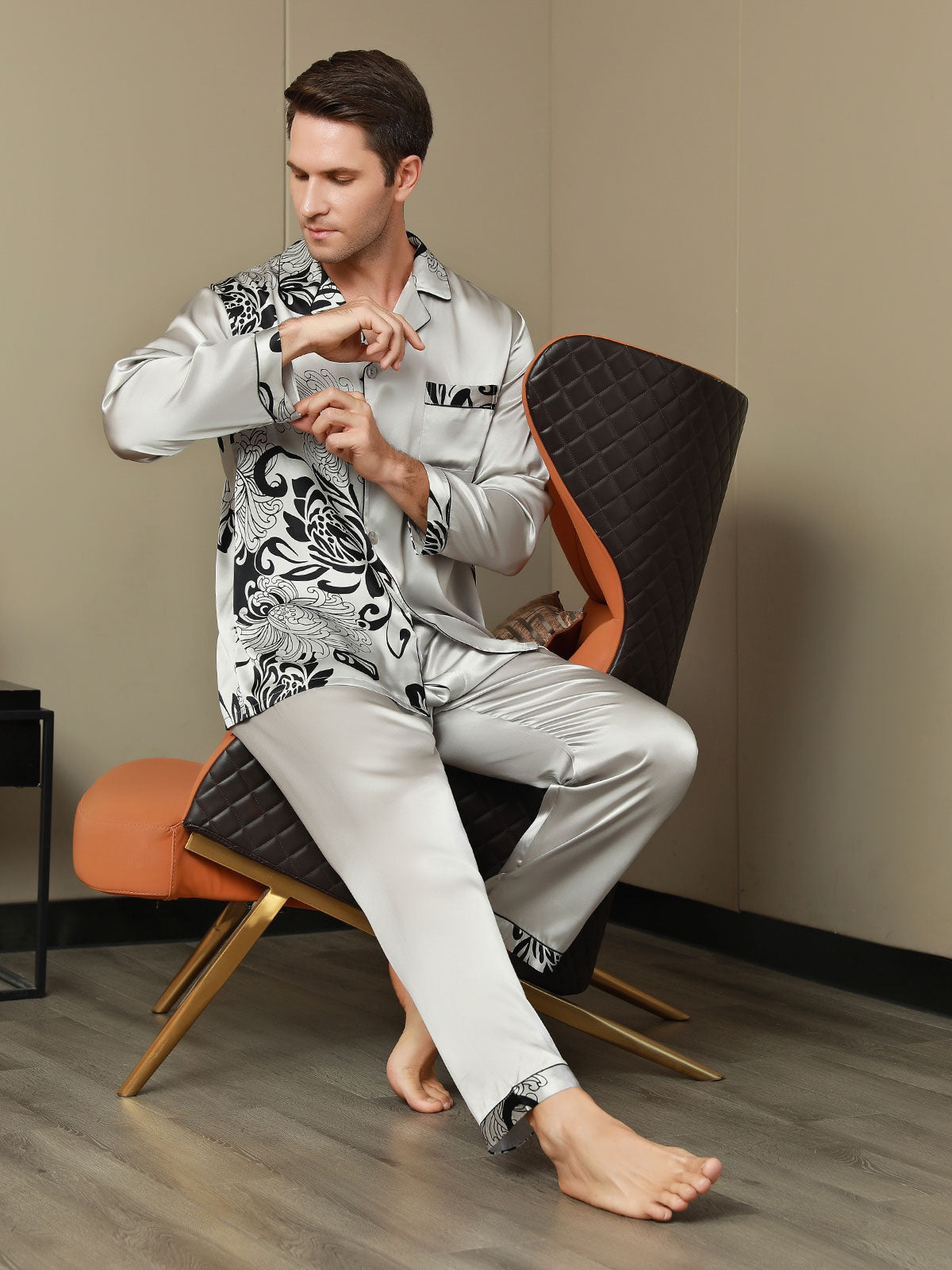 [Gray] SilkSilky-UK Pure Silk Mens Pajamas 001,