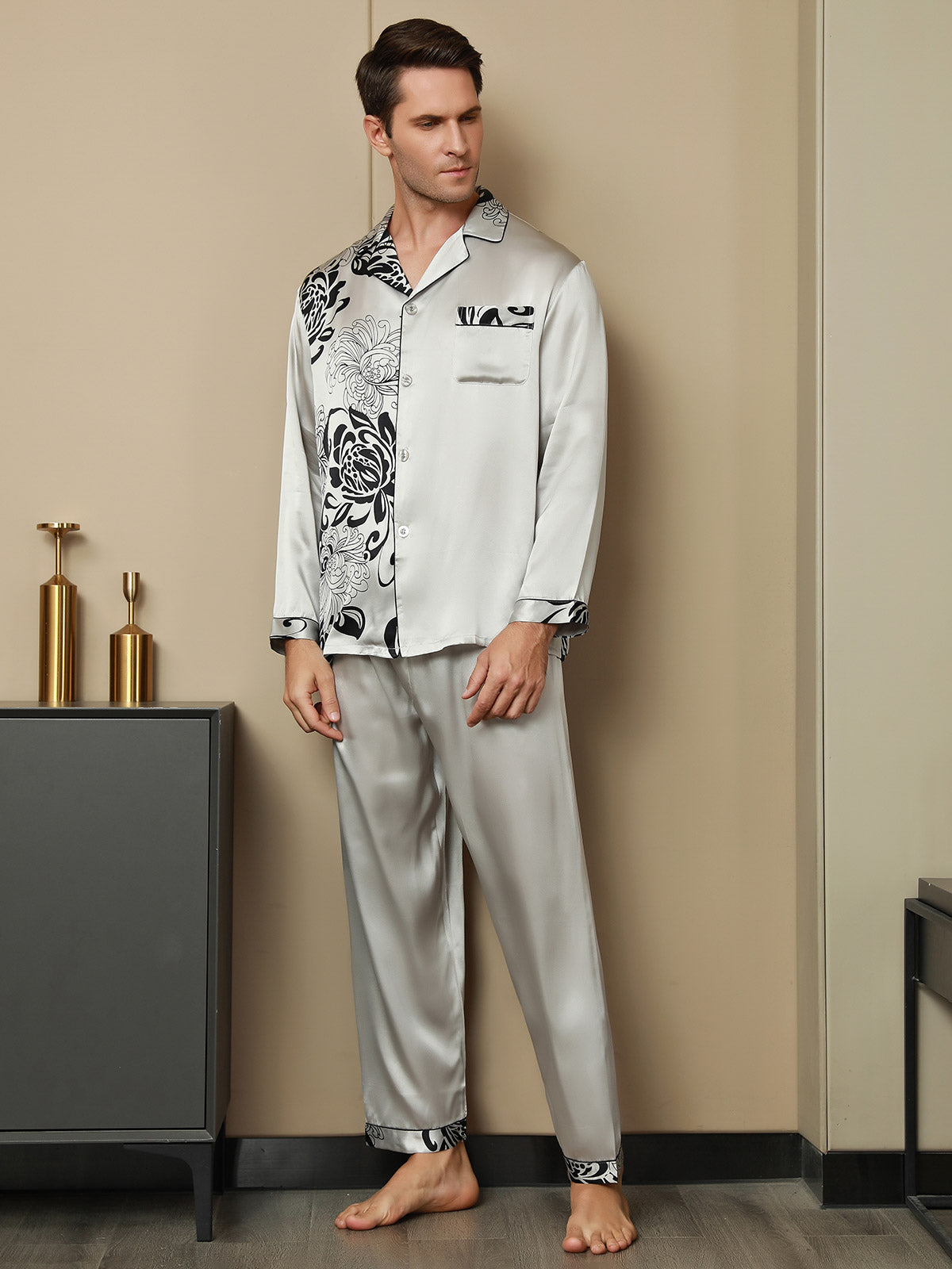 [Gray] SilkSilky-UK Pure Silk Mens Pajamas 003,