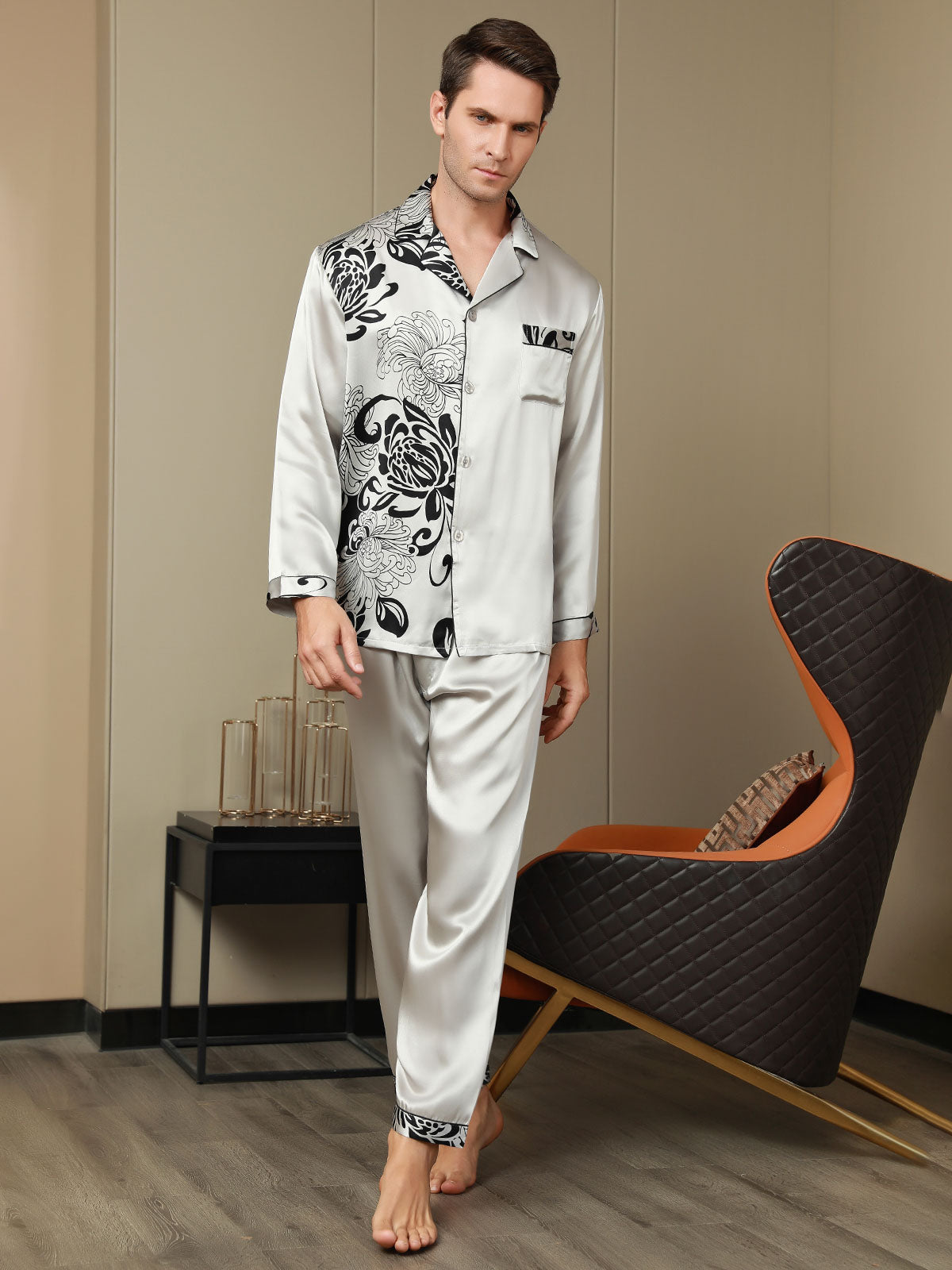 [Gray] SilkSilky-UK Pure Silk Mens Pajamas 004,