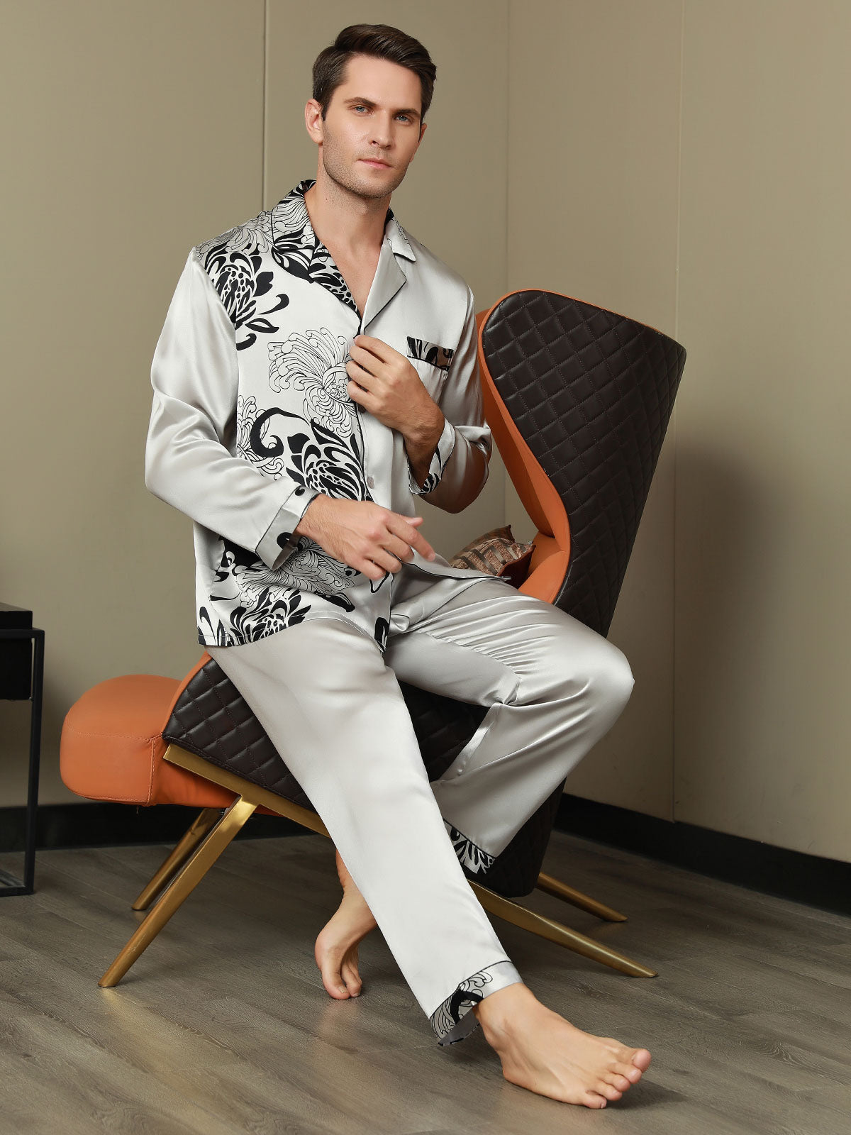 [Gray] SilkSilky-UK Pure Silk Mens Pajamas 005,