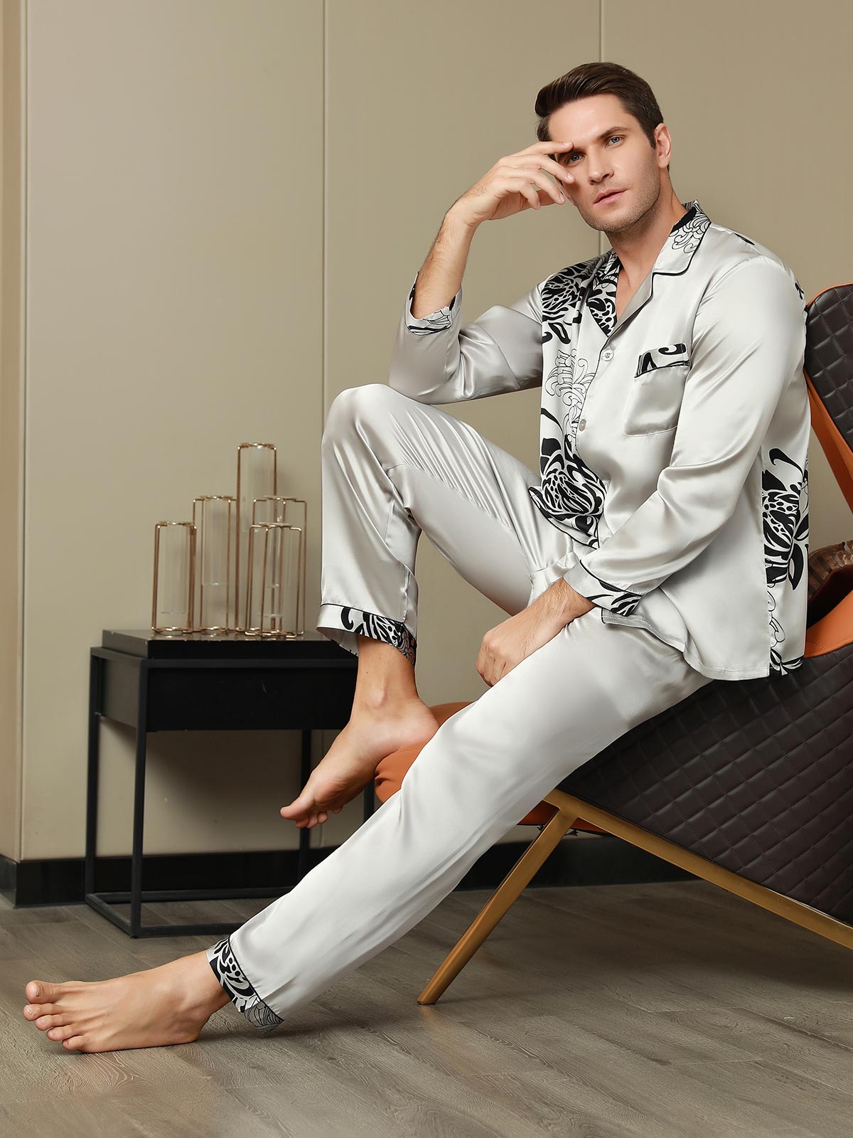 [Gray] SilkSilky-UK Pure Silk Mens Pajamas 007,