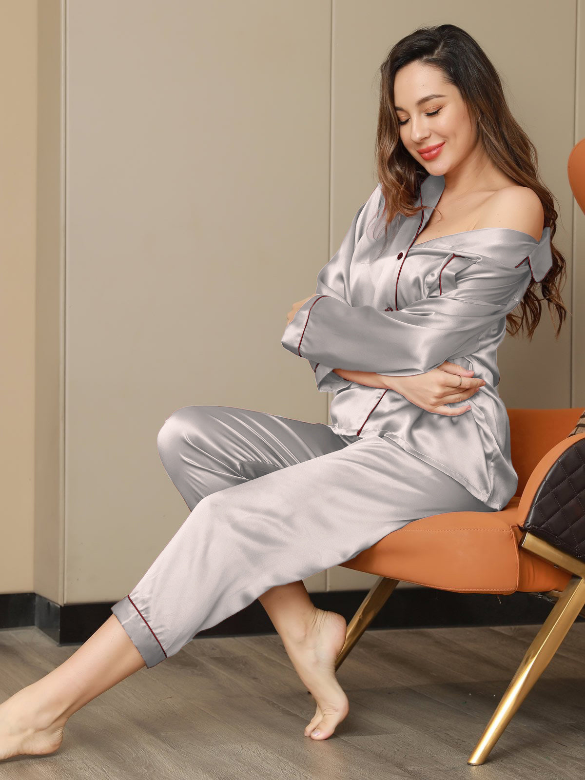 [Silver] SilkSilky-UK Pure Silk Long Sleeve Lapel Women's Pyjamas 002