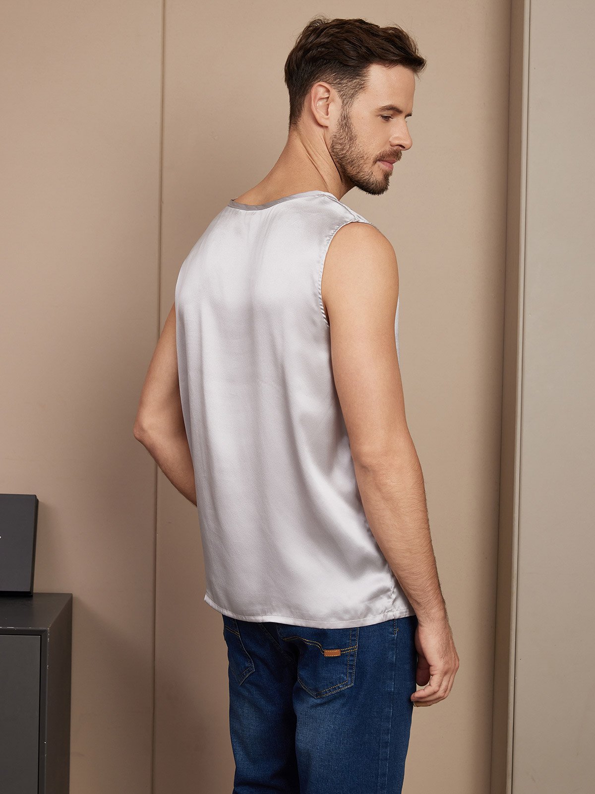 [Silver] SilkSilky-UK Pure Silk Sleeveless Mens T-Shirt 002