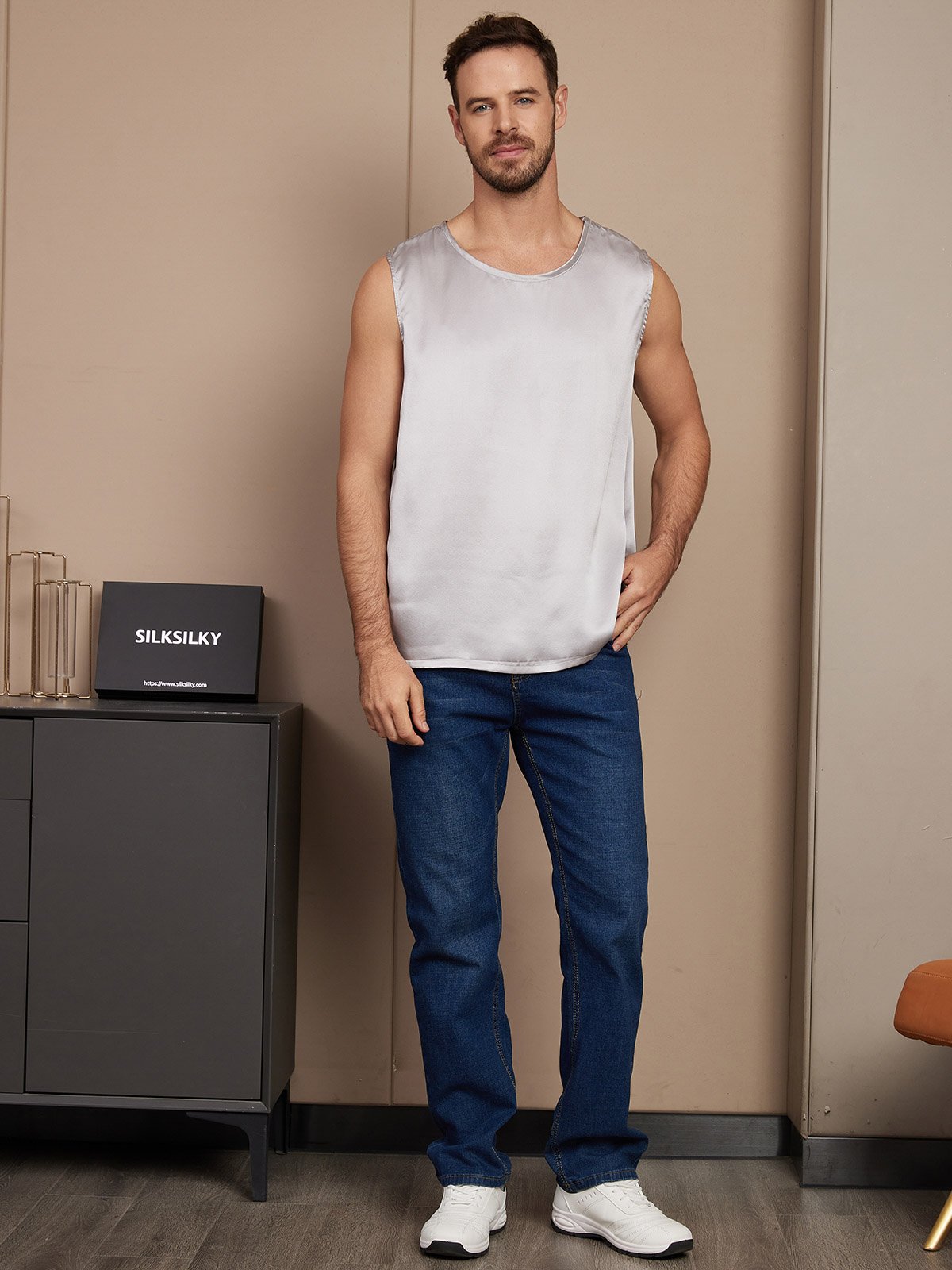 [Silver] SilkSilky-UK Pure Silk Sleeveless Mens T-Shirt 004