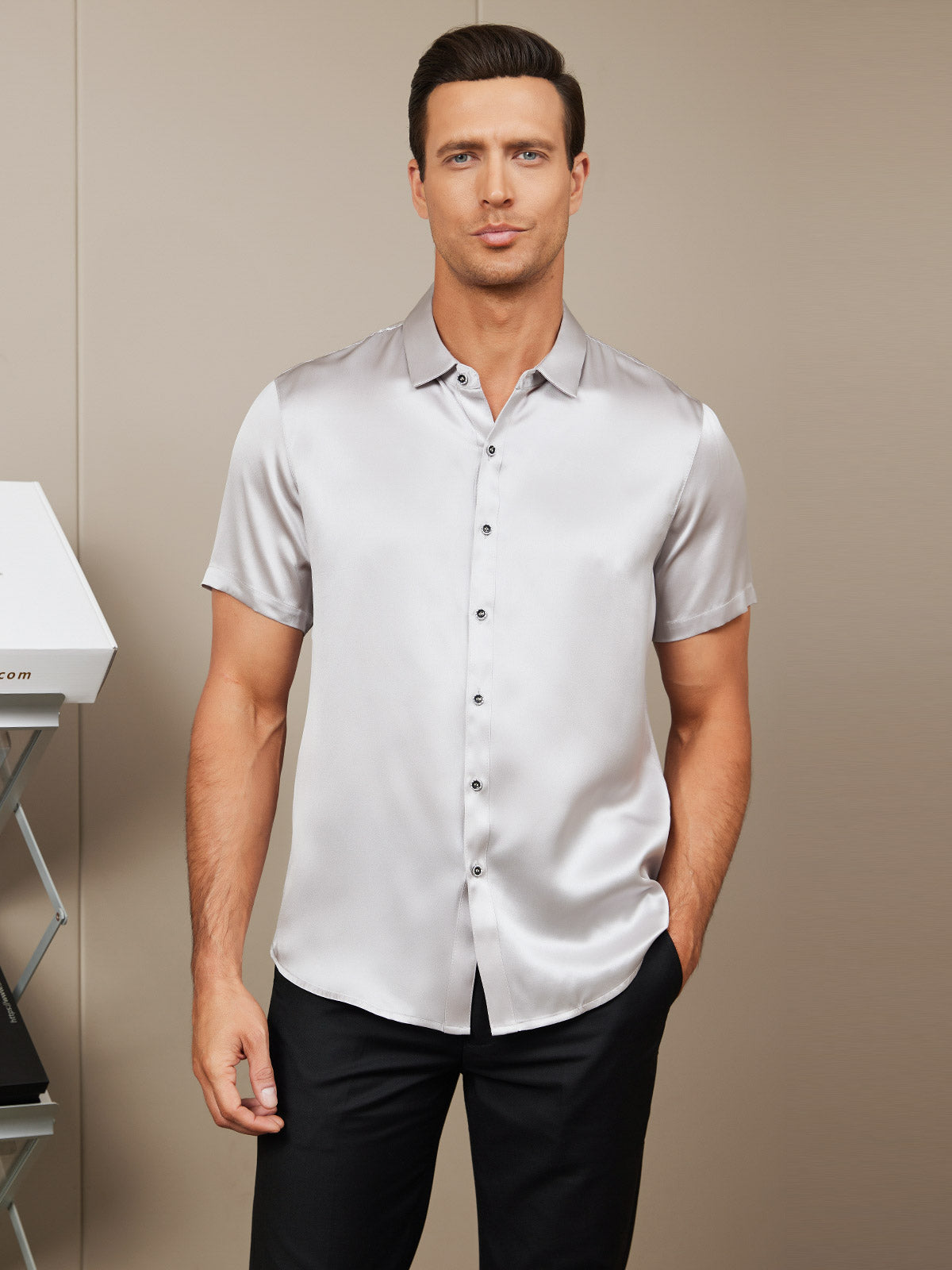 [Silver] SilkSilky-UK Silk Short Sleeve Collar Men's Shirt 001
