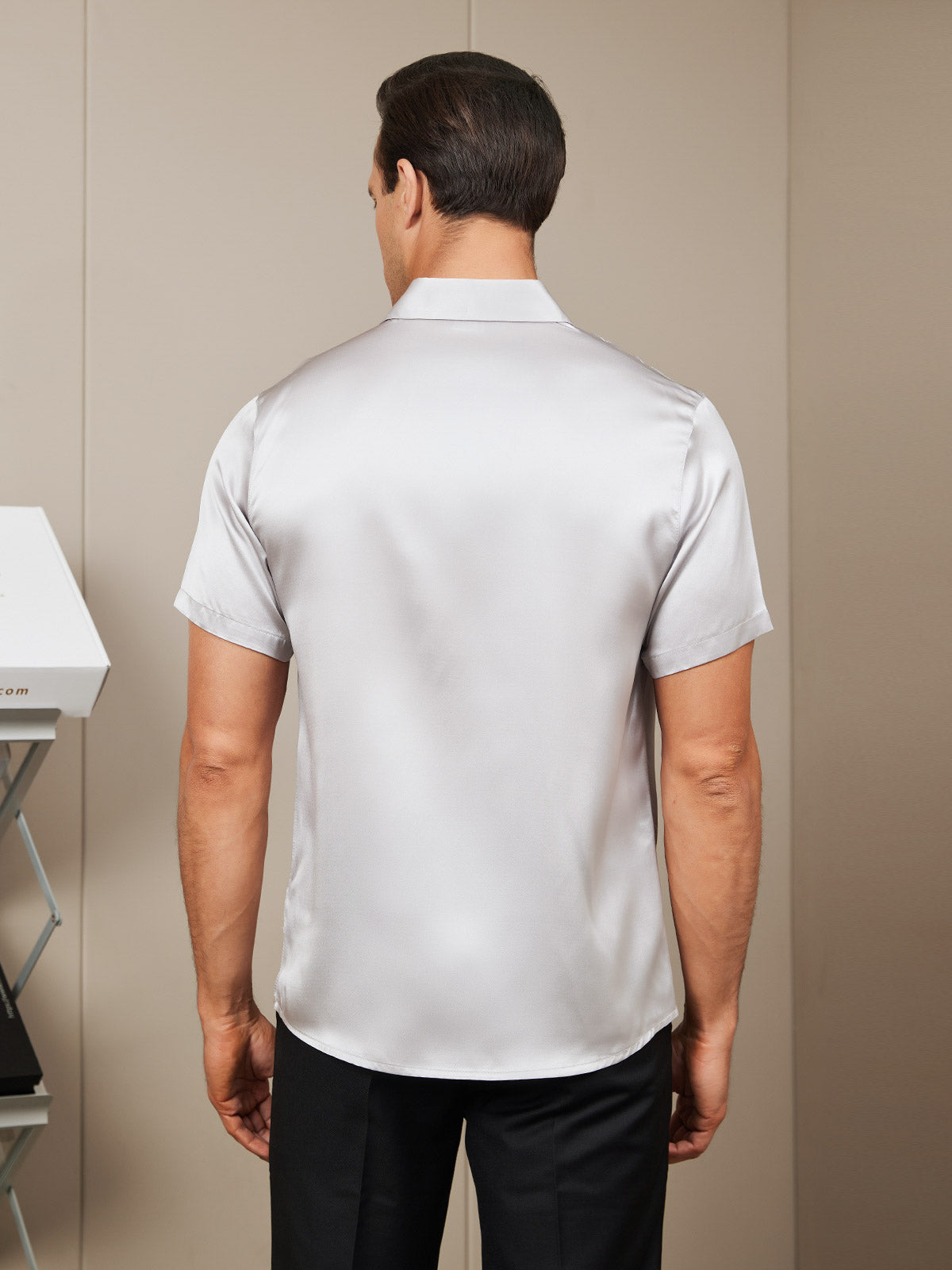 [Silver] SilkSilky-UK Silk Short Sleeve Collar Men's Shirt 002