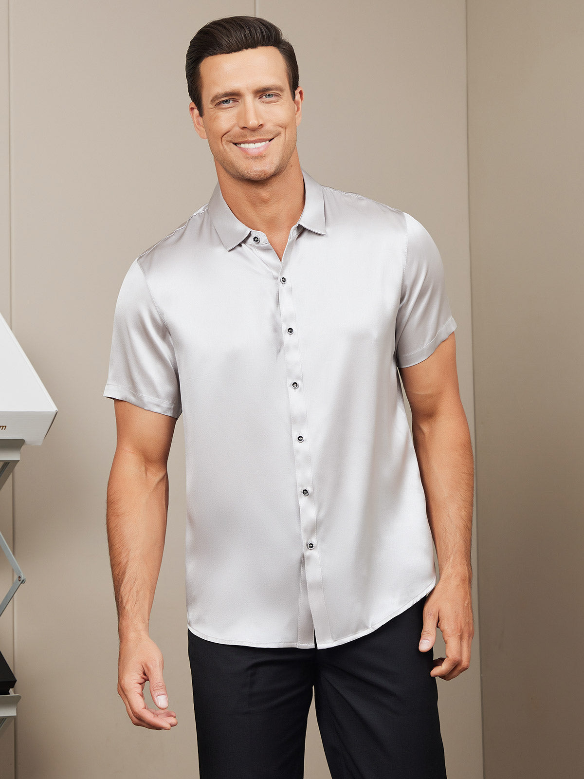 [Silver] SilkSilky-UK Silk Short Sleeve Collar Men's Shirt 004