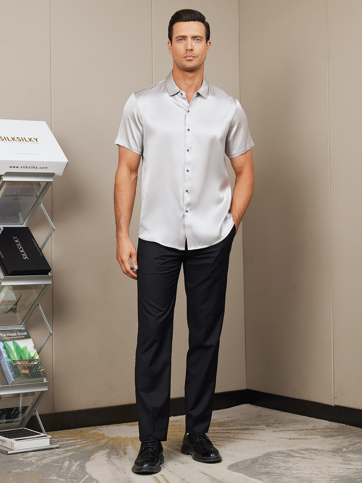 [Silver] SilkSilky-UK Silk Short Sleeve Collar Men's Shirt 007