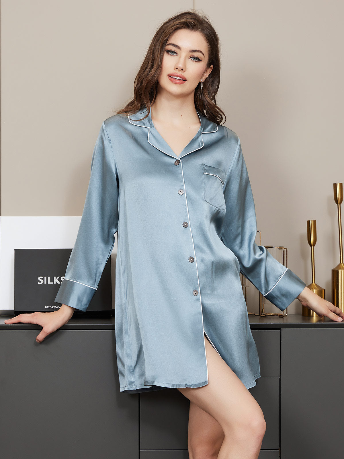 [Steel Blue] SilkSilky-UK Pure Silk Long Sleeve Lapel Nightshirt 001
