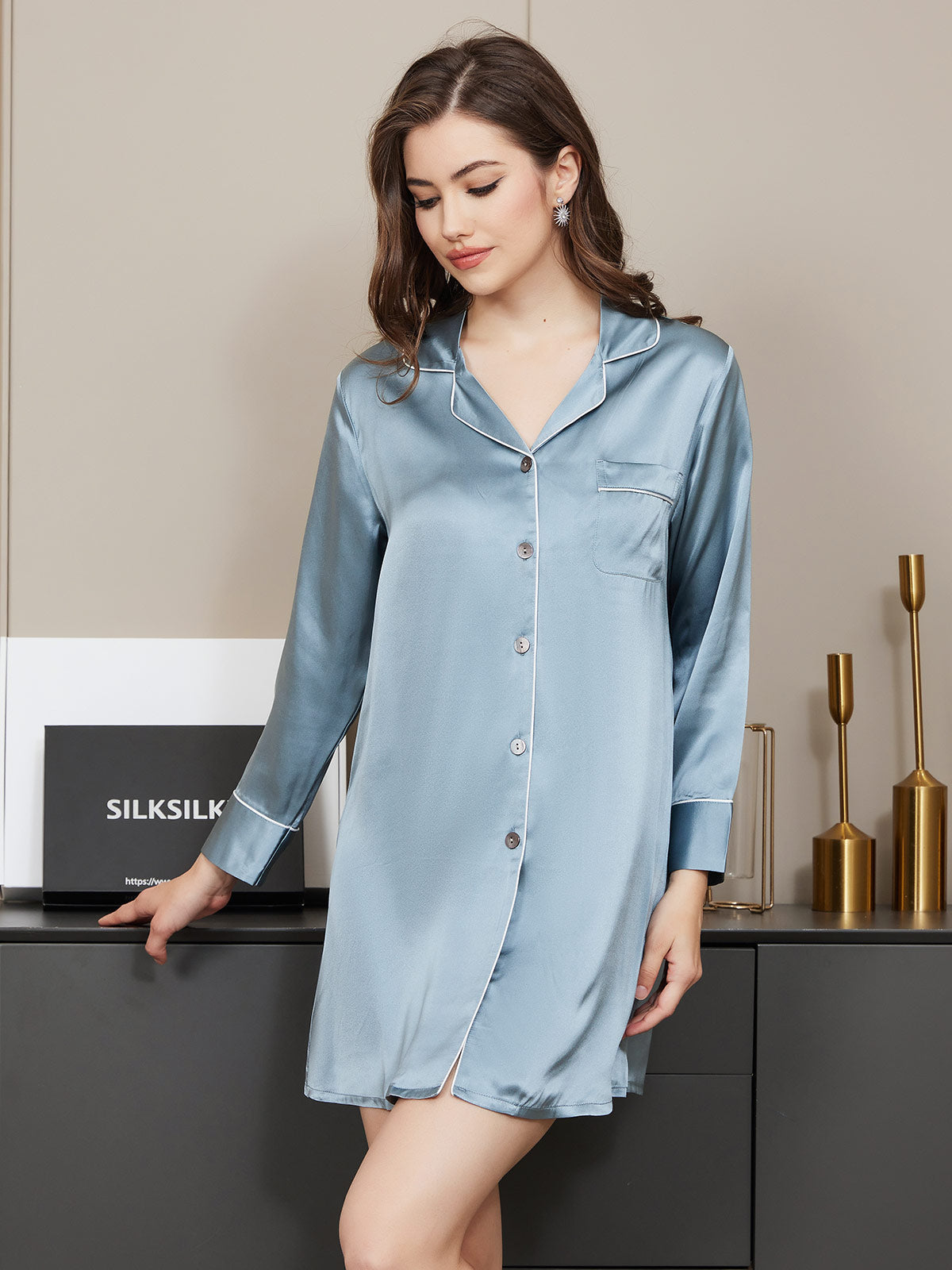 [Steel Blue] SilkSilky-UK Pure Silk Long Sleeve Lapel Nightshirt 002