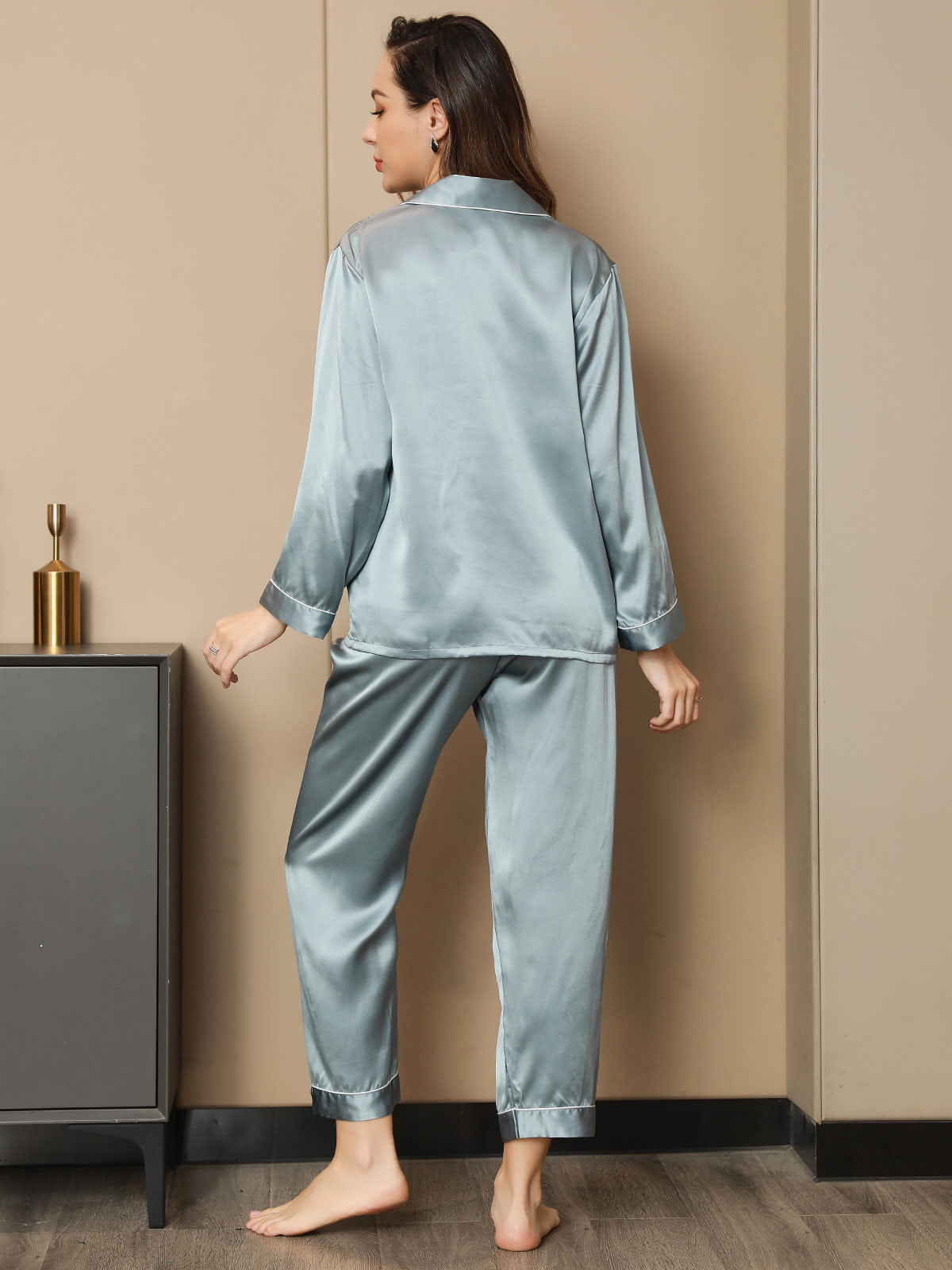 [Steel Blue] SilkSilky-UK Pure Silk Long Sleeve Lapel Women's Pyjamas 003