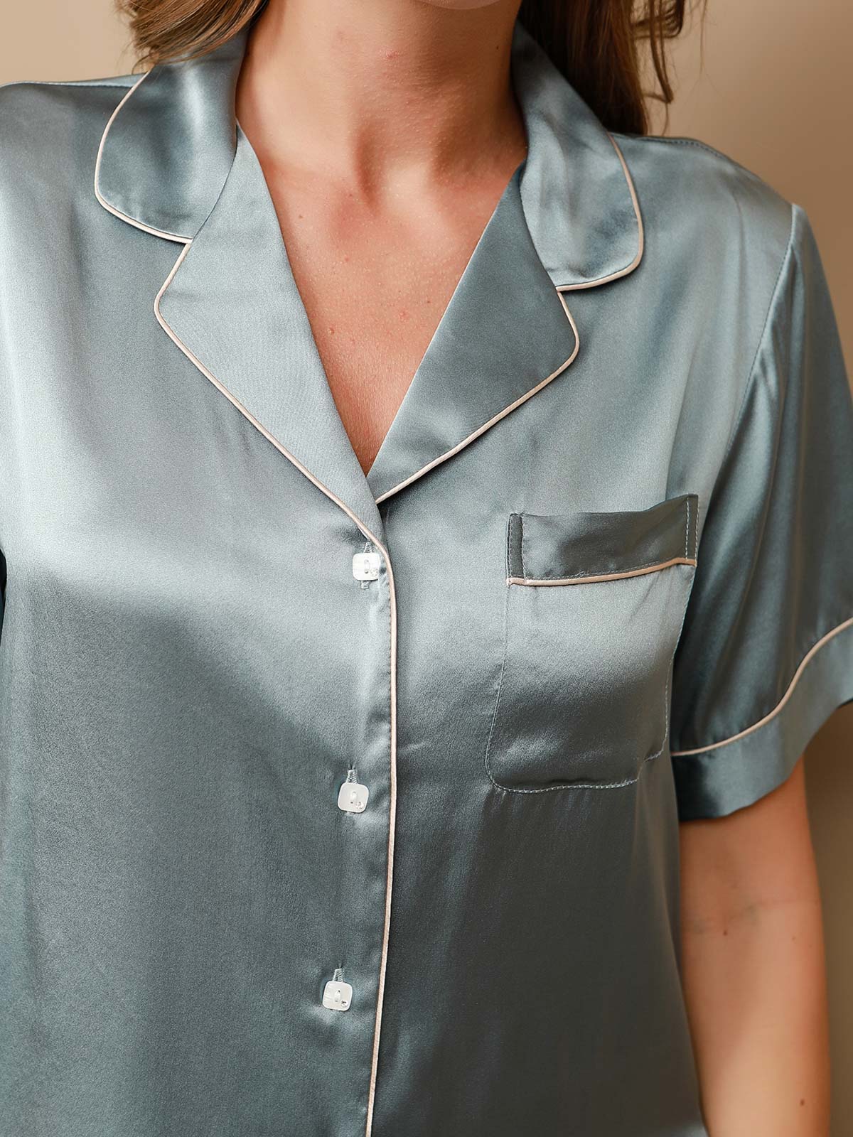 [Steel Blue] SilkSilky-UK Pure Silk Short Sleeve Lapel Women's Pyjamas 008