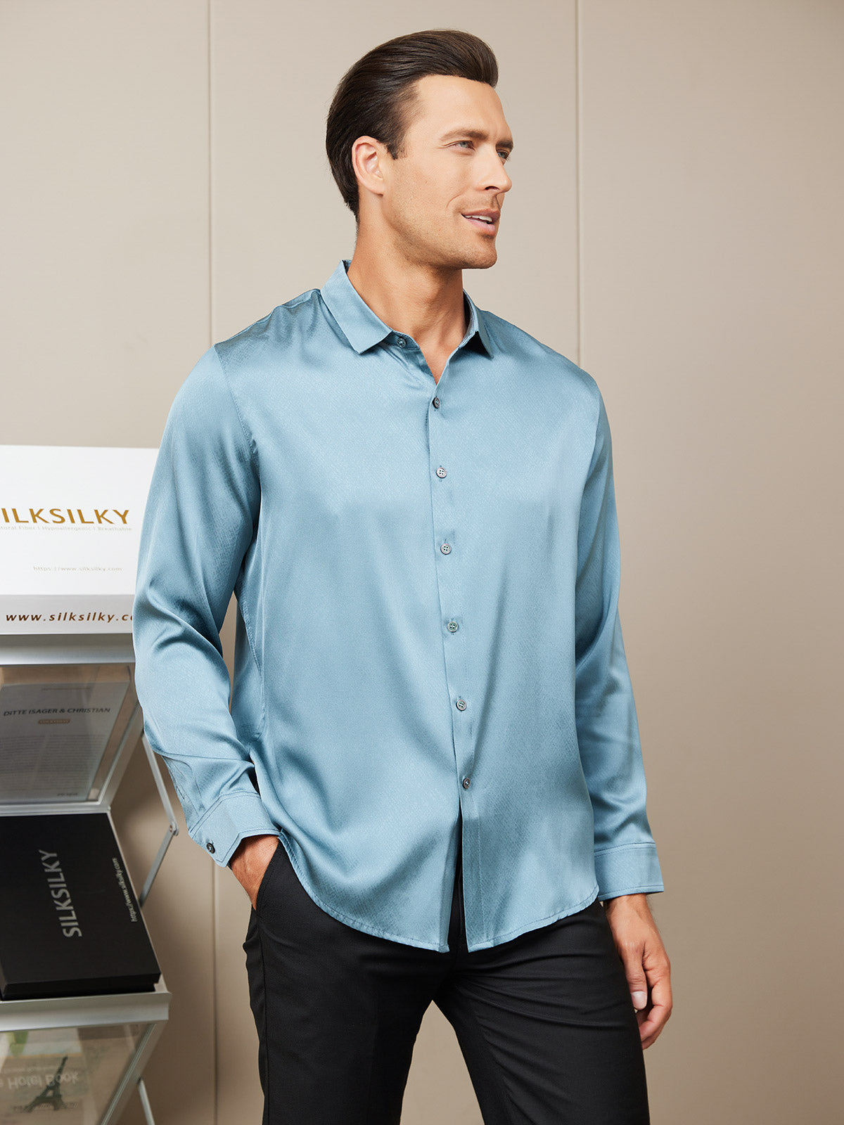 [Steel Blue] SilkSilky-UK Silk Long Sleeve Collar Men's Shirt 001