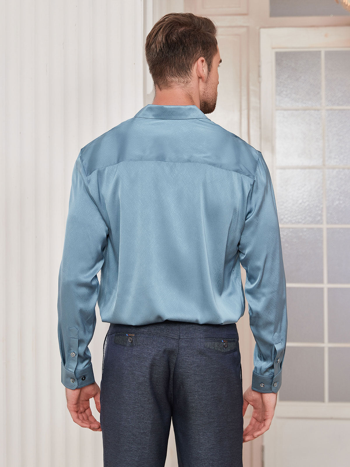[Steel Blue] SilkSilky-UK Silk Long Sleeve Collar Men's Shirt 002