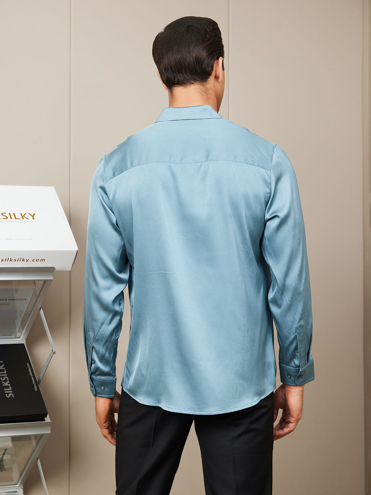 [Steel Blue] SilkSilky-UK Silk Long Sleeve Collar Men's Shirt 002