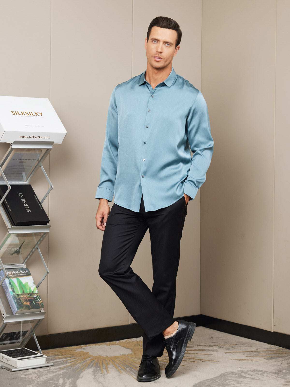 [Steel Blue] SilkSilky-UK Silk Long Sleeve Collar Men's Shirt 005