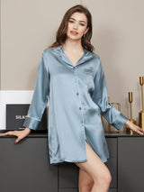 [Steel Blue] SilkSilky-UK Long Sleeve Notch Collar Nightshirt 001