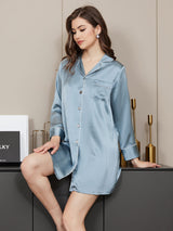 [Steel Blue] SilkSilky-UK Long Sleeve Notch Collar Nightshirt 004