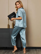 [Steel Blue] SilkSilky-UK Short Sleeve Notch Collar Women's Pyjamas 005