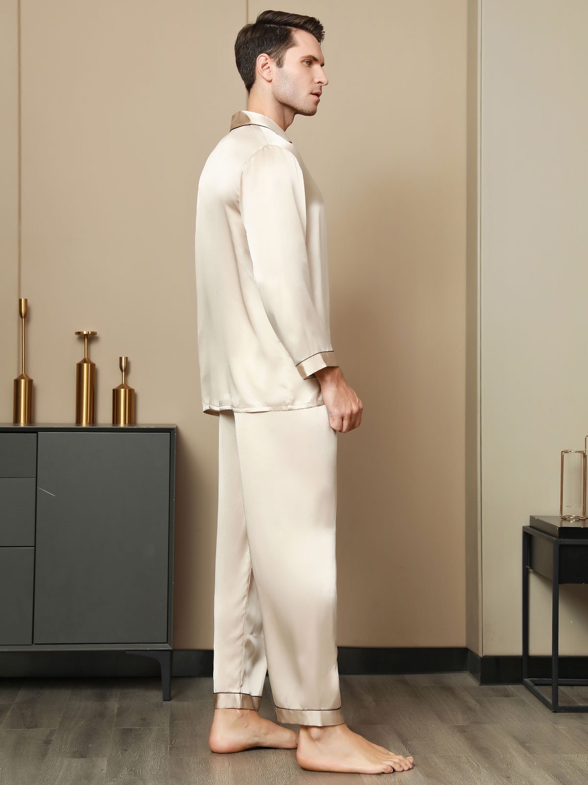 [Tan] SilkSilky-UK Pure Silk Long Sleeve Lapel Men's Pyjamas 004