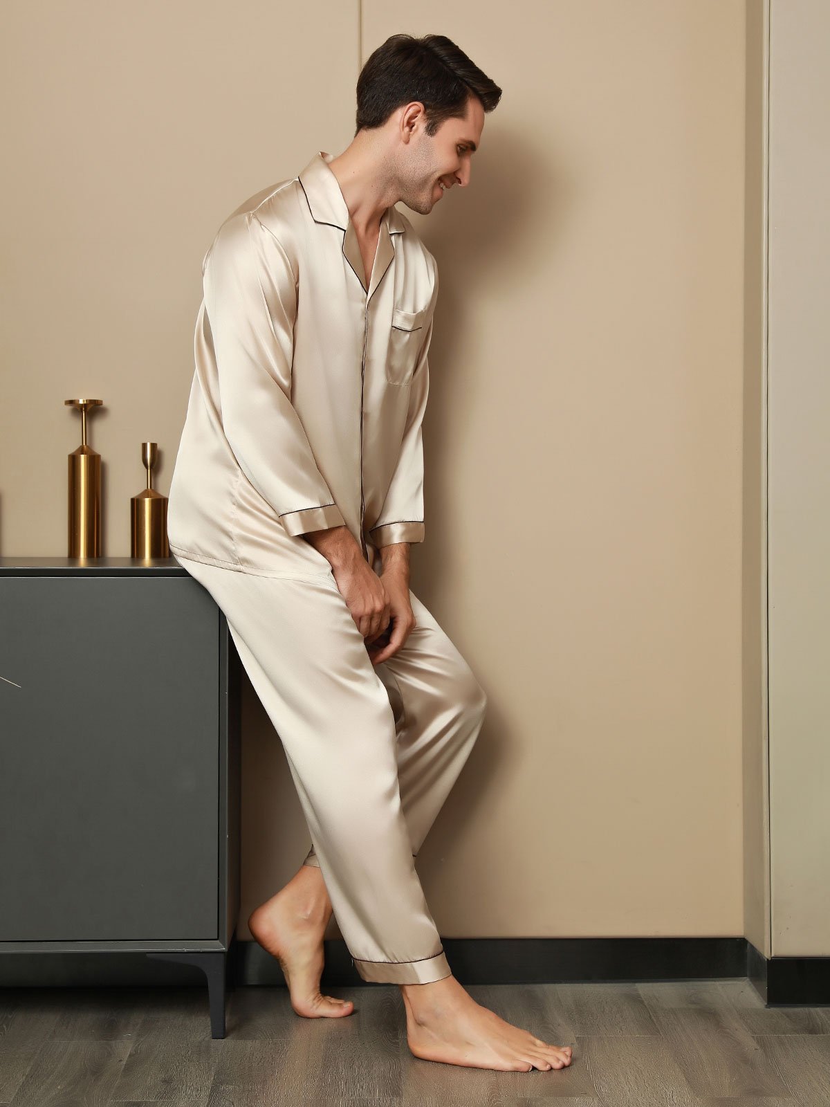 [Tan] SilkSilky-UK Pure Silk Long Sleeve Lapel Men's Pyjamas 008