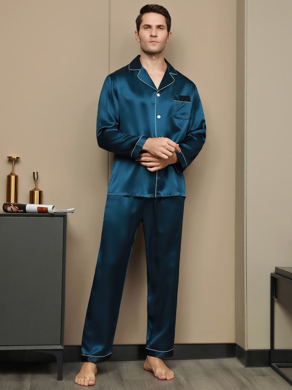 [Teal] SilkSilky-UK 19Momme Pure Silk Long Sleeve Lapel Men's Pyjamas 001